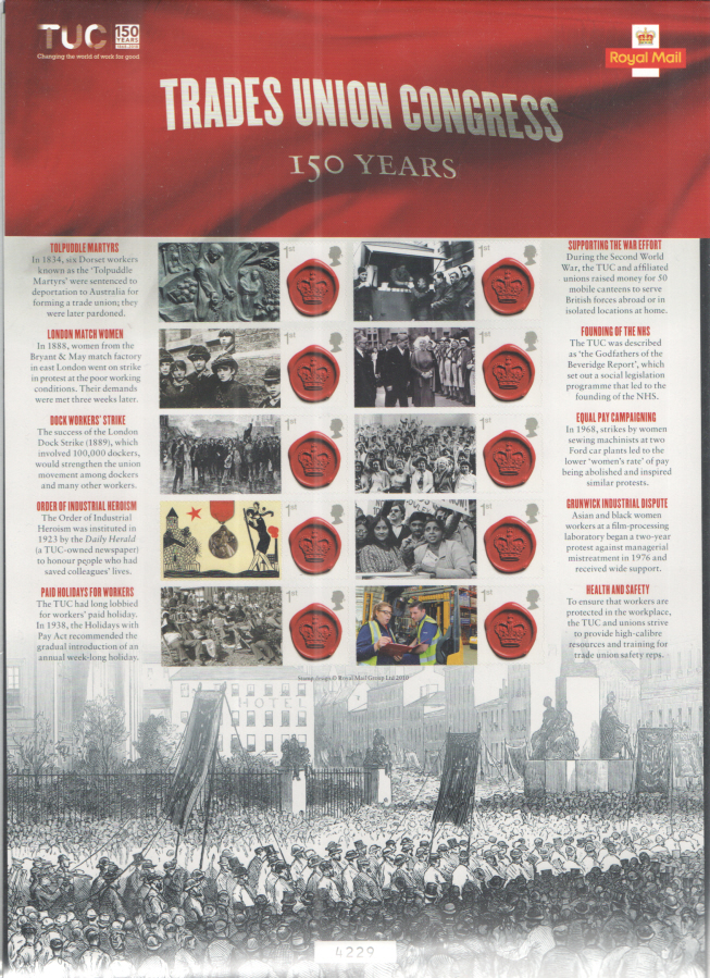 (image for) CS37 2018 Trades Union Congress 150 Years Royal Mail Commemorative Smilers Sheet - Click Image to Close